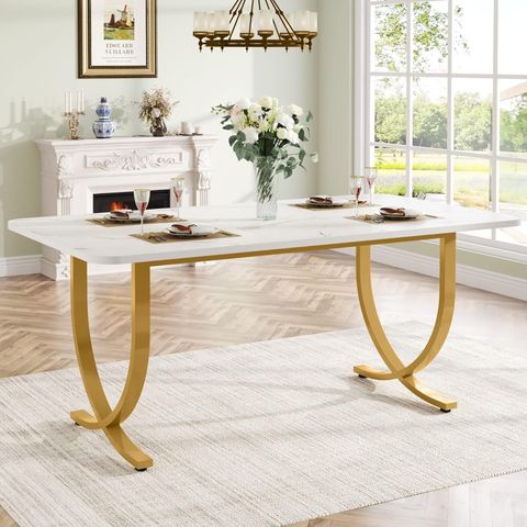 Tribesigns Rectangular Dining Table For 4 To 6, 63-Inch White And Gold ... intended for Safavieh Couture Rosie Marble Top Dining Table White/Gold